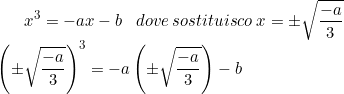 \small x^3=-ax-b \; \;\;dove\, sostituisco\; x=\pm \sqrt{\frac{-a}{3}} \\ \left (\pm \sqrt\frac{-a}{3} \right )^{3}=-a\left (\pm \sqrt\frac{-a}{3} \right )-b